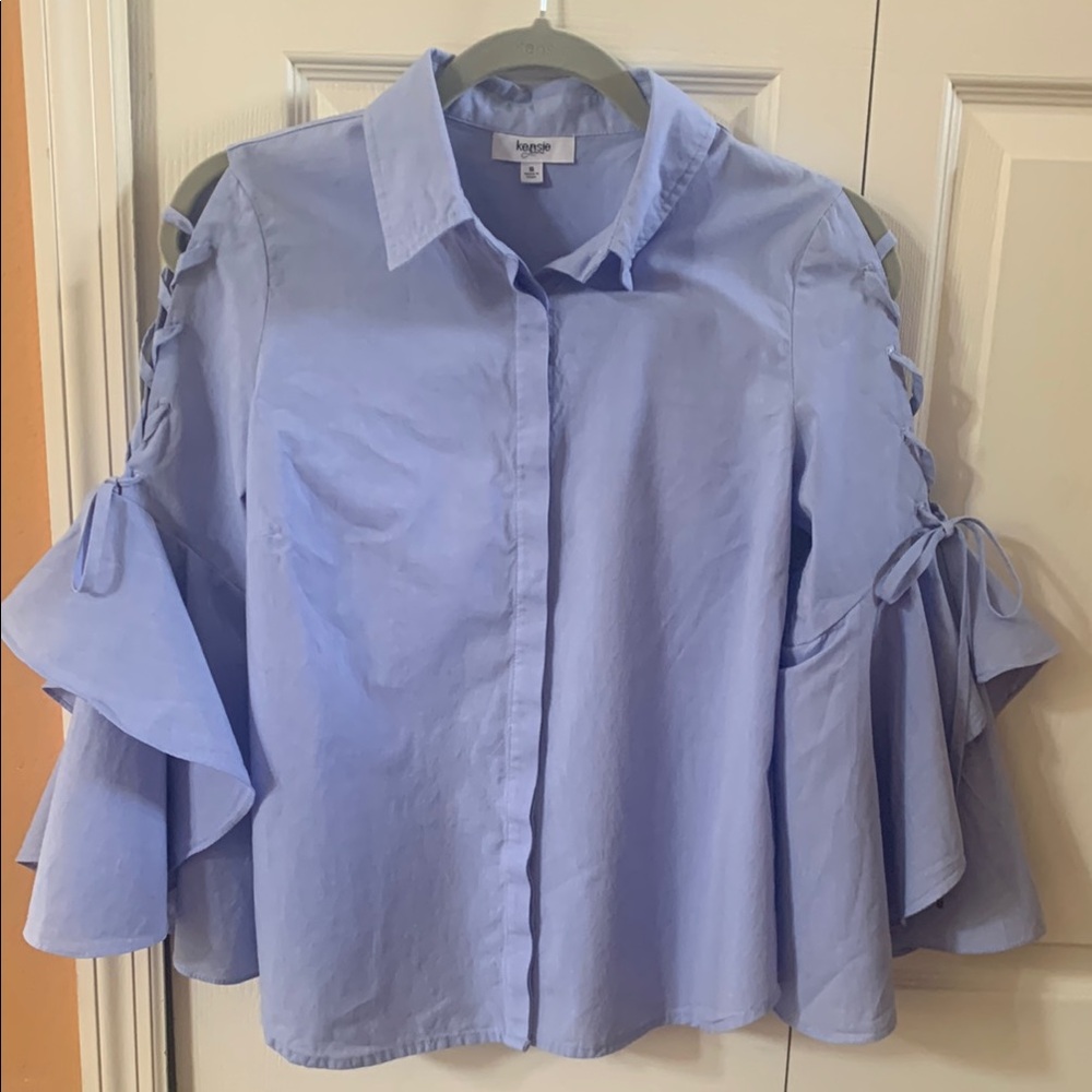 Kensie Light Blue Blouse with Lace-Up Bell Sleeves